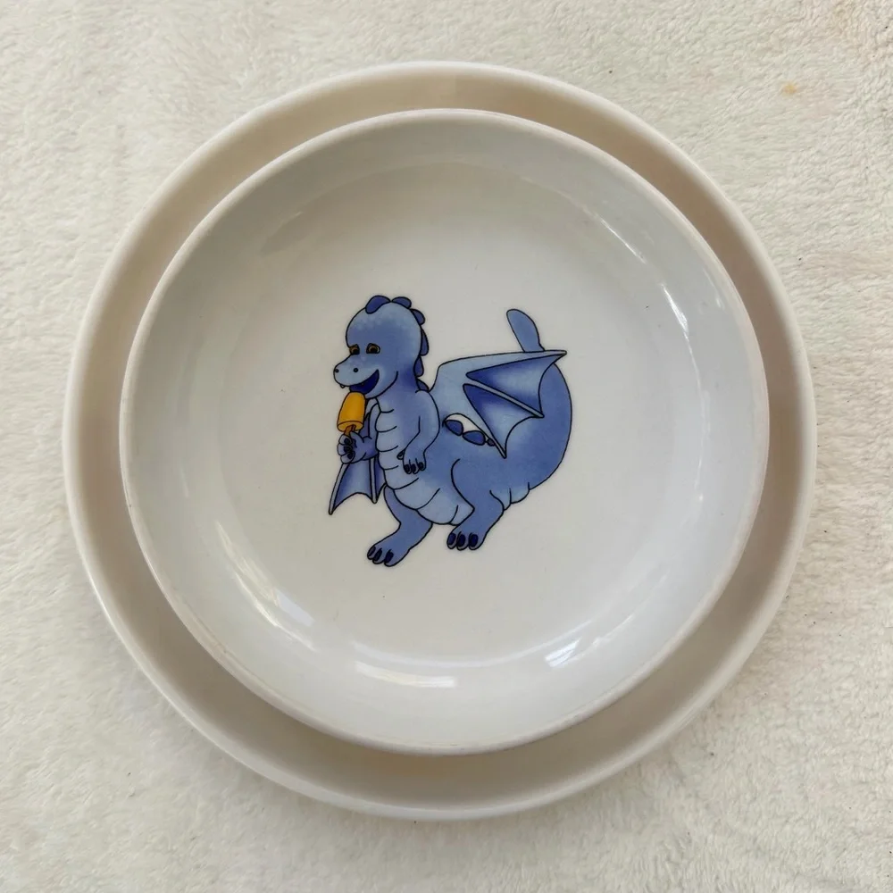 IKEA Smaskig Vintage 1999 Flying Dragon Plate & Bowl Set Porcelain 16558 Footed